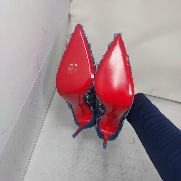 Christian Louboutin Blue Kate Toile Denim Brode Heel Shoe - Picture 2 of 11